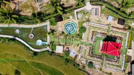 Aerial-top-down-view-on-flower-park-Taman-Bunga-Pagoda,-Central-Java,-Indonesia