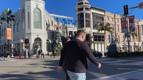 Zeitraffer-Weihnachtsbaum-Mit-Blick-Auf-Die-Straße-Auf-Dem-Wohlhabenden-Luxus-Wahrzeichen-Rodeo-Drive-In-Beverly-Hills