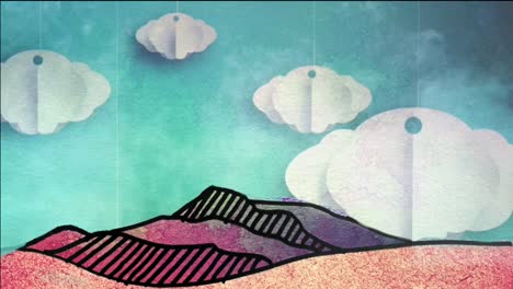 Watercolor-illustration-of-hills-with-origami-clouds-and-moving-smoke-in-background