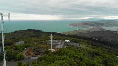 Bluff-Hill-Lookout,-New-Zealand---Clouds,-ocean,-view,-mountains---Aerial-Drone