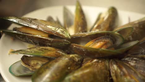 Putting-fresh-cooked-New-Zealand-greenshell-mussels-on-a-plate-in-luxury-restaurant-kitchen---CLOSE-UP-detail
