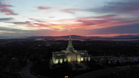 Drone-flies-forward-towards-LDS-Temple-at-sunset