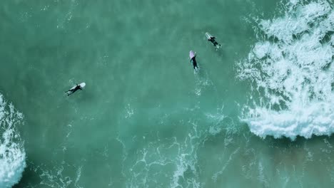 Surfistas-Tratando-De-Nadar-A-Través-De-Olas-Rompientes-Desde-Arriba