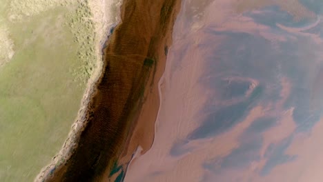 Top-down-of-a-contrasting-dark-coloured-river-carving-between-a-sand-dune-and-grass-side-and-a-red-silt-coloured-sandbank