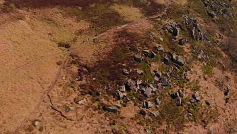 Drone-aerial-shot-of-people-walking-on-Bamford-Edge-Path-Walk-Trail-Tourist-Attraction-in-the-Peak-District-on-a-Sunny-day-shot-in-4K