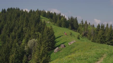 Tourists-in-the-distance-approaching-top-of-the-hill-on-beautiful-summer-sunny-day-surrounded-by-forests-and-meadows
