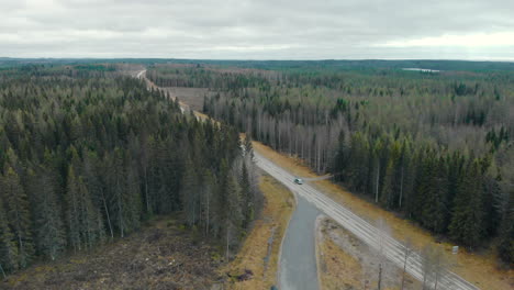 Aerial,-drone-shot,-flying-towards-a-car-on-a-road,-between-pine-trees-and-leafless,-birch-forest,-on-a-cloudy,-autumn-day,-in-Juuka,-North-Karelia,-Finland