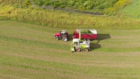 4K-aerial-view-panning-left-of-a-harvester-harvesting-hay-into-a-tractor-and-wagon