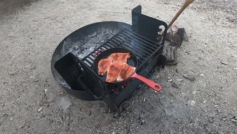 cooking-red-salmon-in-a-red-cast-iron-skillet-over-a-campfire-while-tending-to-the-fire