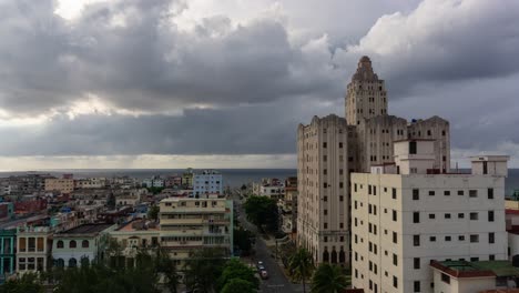 Beautiful-Aerial-Time-Lapse-view-of-the-Havana-City,-Capital-of-Cuba,-during-a-vibrant-cloudy-day