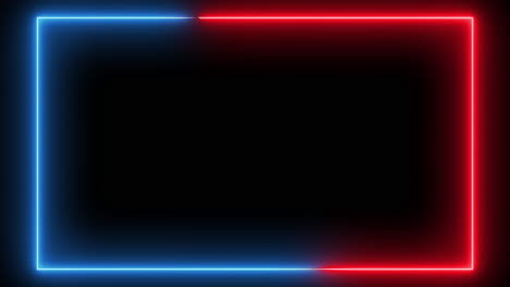Glowing-neon-blue-and-red-lines-travelling-around-a-rectangle-shape-4K
