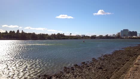 Beautiful-and-calming-river-view-in-a-windy-day-from-a-park-near-a-highway-and-Sydney-Airport