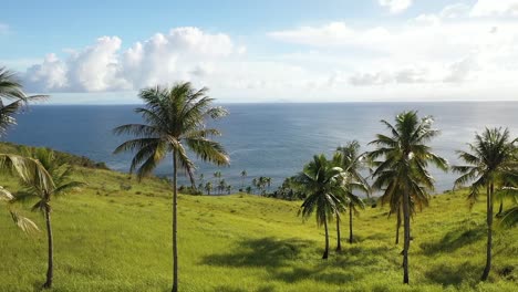 Drone-shot-flying-backwards-on-a-small,-rural-and-tropical-island
