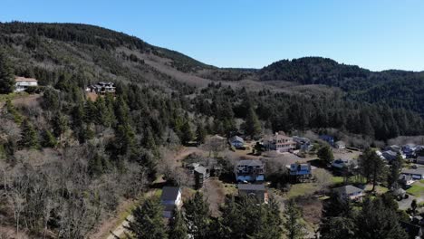 Drone-flies-over-houses-in-the-mountains-and-pine-trees-in-the-afternoon