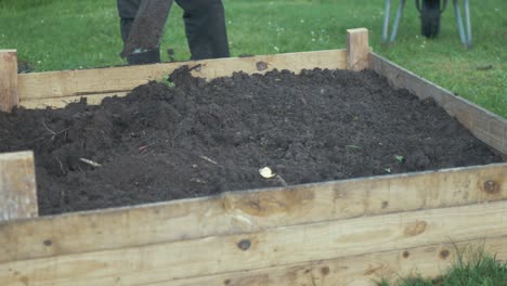 Leveling-out-soil-in-raised-garden-bed-with-shovel