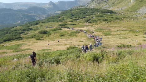 Group-Of-Mountaineers-Trekking-On-Lush-Trail-Of-Rila-Mountain-In-Bulgaria-On-A-Fair-Weather---high-angle,-wide-shot