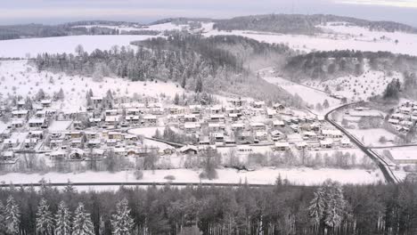 Smooth-winter-pullback-drone-shot-from-a-line-of-snow-covered-bare-trees-with-a-wide-view-at-a-dreamy-winter-city-with-white-hills-in-the-background