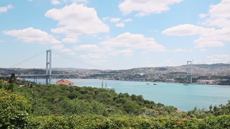 Cityscape-of-Bosphorus-with-Marmara-Sea-and-Iconic-Bridge-of-Istanbul-City-between-Asia-and-Europe-Continents-under-Cloudy-Blue-Sky