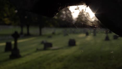 View-of-graveyard-through-cobweb-on-headstone-tilting-shot