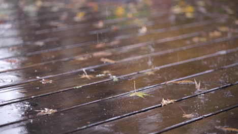 Slow-Motion-of-Raindrops-Falling-on-Wooden-Deck