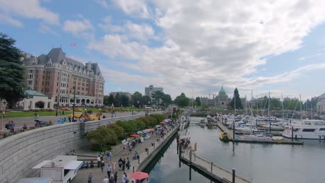 Pan-Right-View-From-Hotel-Fairmont-Empress-To-Waterfront-In-Victoria,-British-Columbia,-Canada