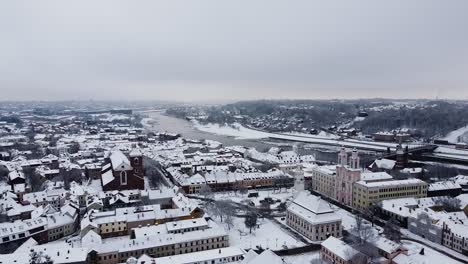 Ascending-aerial-shot-of-Kaunas-Old-Town-during-winter-season