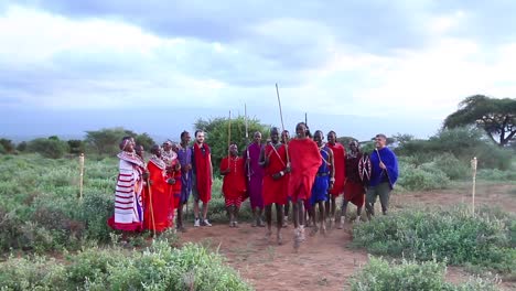 Massai-Krieger-Führen-Mit-Safari-Gästen-In-Kenia-Kulturelle-Tänze-Auf