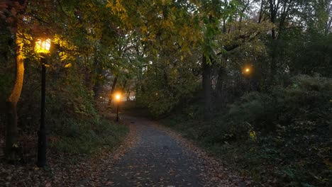Spaziergang-In-Der-Abenddämmerung-Durch-Eine-Einsame-Parkgasse-Im-Herbst-Mit-Wunderschönen-Straßenlaternen
