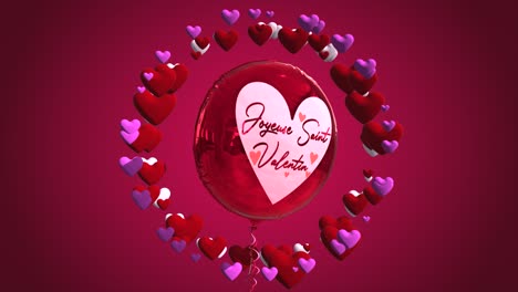 High-quality-seasonal-motion-graphic-celebrating-St-Valentine's-Day,-with-pink-and-red-color-scheme,-balloon-and-a-circle-of-spinning-love-hearts---French-message-"Joyeuse-Saint-Valentin