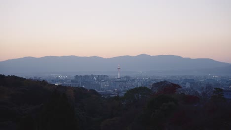 Dusk-in-Kyoto-Japan,-Looking-over-city-and-Kyoto-Tower