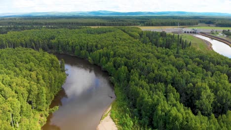 4K-Drone-Video-of-Chena-River-through-Forest-near-Fairbanks,-Alaska