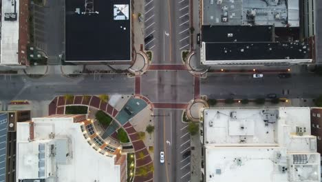 Unoccupied-Streets-of-Downtown-City,-Empty-due-to-COVID-19,-Aerial-Overhead-Drone-Shot