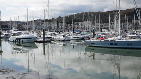Sailboats-and-yachts-moored-on-sunny-quiet-luxury-Conwy-marina-North-wales