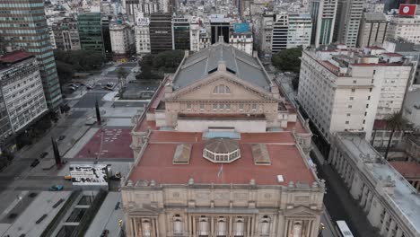 Aerial-dolly-out-of-Colon-Theater,-famous-opera-house-in-the-world,-Buenos-Aires-downtown