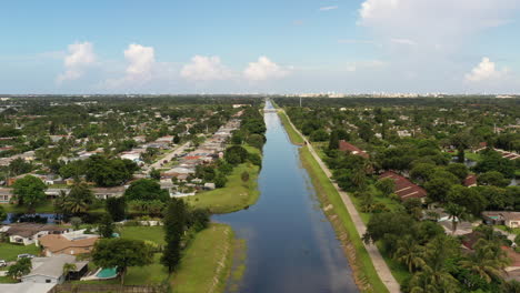 An-aerial-view-of-a-long-canal-which-stretches-out-to-the-horizon-on-a-sunny-day