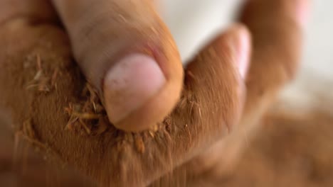 Macro-Shot-Of-Hands-Turning-Madder-Plant-Root-Into-Powder-For-Organic-Textile-Red-Dye