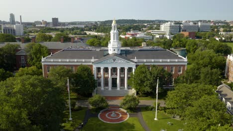 Aerial-Establishing-Shot-Above-Harvard-Business-School-in-Boston,-Massachusetts