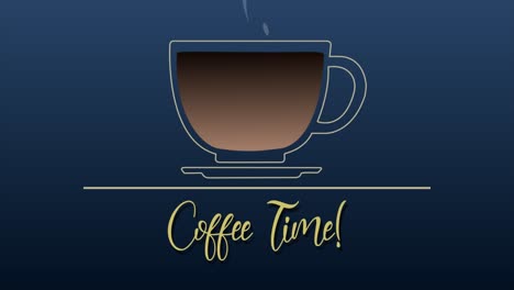 Glatte-Und-Lustige-Animierte-Linienzeichnungs-Bewegungsgrafik-Einer-Kaffeetasse,-Die-Aus-Einer-Kanne-Auf-Blauem-Hintergrund-Gefüllt-Wird,-Mit-Der-Botschaft-„Kaffeezeit“.