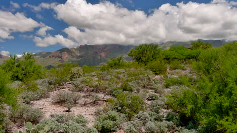 Un-Dron-Cinemático-En-Ascenso-Disparó-Desde-Una-Colina-Para-Revelar-Tucson,-Arizona,-Y-Las-Montañas-De-Tucson-En-Un-Día-Parcialmente-Nublado
