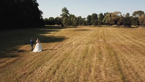 Aerial-Shot,-Bride-And-Groom-Walking-On-The-Field