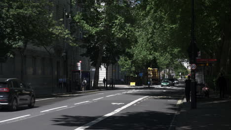 Traffic-Going-Past-On-Tree-Lined-Millbank-Road-On-Sunny-Day-In-London