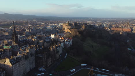 Aerial-view-of-Edinburgh-Castle-at-dawn-from-Princes-Street