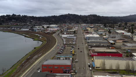 Drone-flying-over-Coos-Bay-Pacific-Highway-101,-Oregon