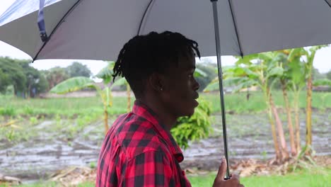 Nahaufnahme-Eines-Jungen-Mannes-Mit-Dunkler-Hautfarbe,-Der-An-Einem-Bewölkten-Tag-In-Harare,-Simbabwe,-Mit-Einem-Regenschirm-Im-Regen-Spaziert