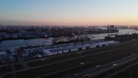 Seaport-Of-Maasvlakte-In-Rotterdam,-The-Netherlands-During-Sunset