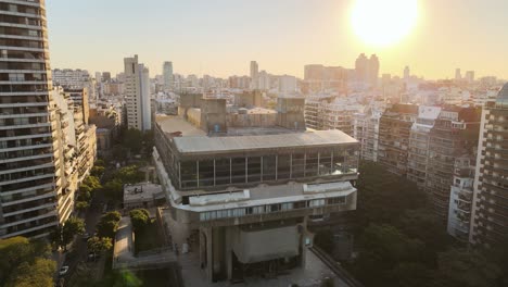 Aerial-establishing-shot-National-Library-Mariano-Moreno-at-golden-hour-in-Buenos-Aires