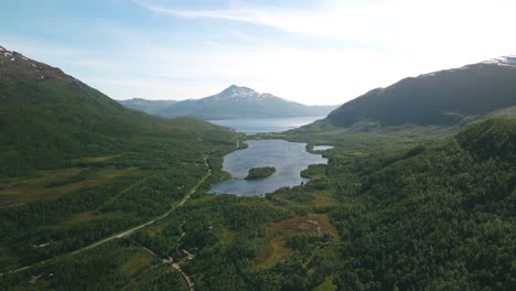 Beautiful-green-mountain-valley-in-Laksvatn,-Norway--Aerial