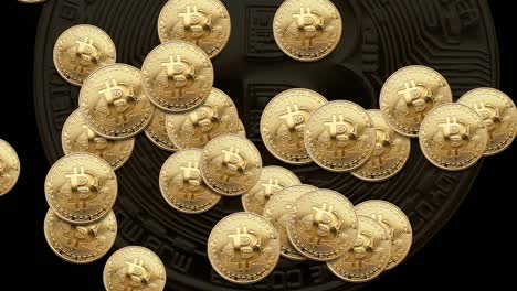 Fallende-Goldene-Bitcoin-Digitale-Kryptowährung-Münzen-Animation-Illustration-Internethandel-Dunkles-Virtuelles-Geld