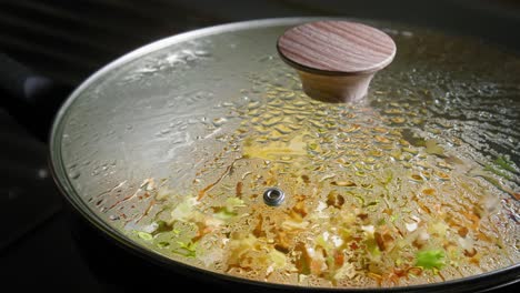 Cooking-Food-In-A-Pan-Covered-With-Glass-Lid,-Inner-Surface-Wet-With-Condensation-From-Steam