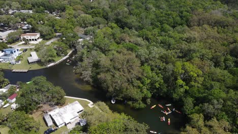 Aerial-view-of-groups-of-kayakers-enjoying-the-lazy-natural-river-of-Weeki-Wachee,-Florida